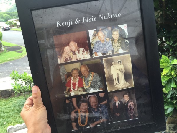 Framed photos of her grandparents that survived the fire in her living room.