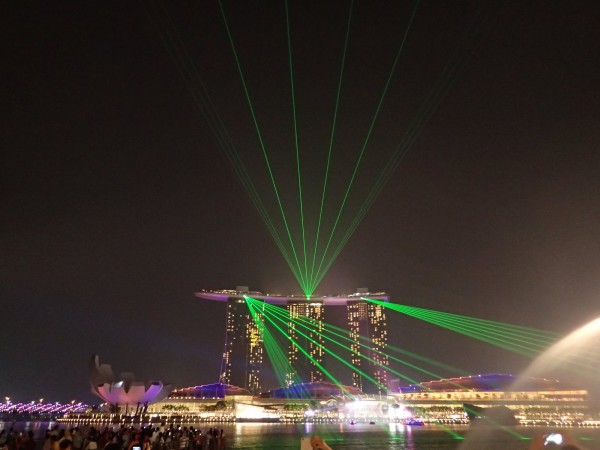 By sheer luck, we caught the nightly Wonder Full, southeast Asia's largest light and water show brought courtesy of Marina Bay Sands. It's a 13-minute show with visual effects — like these lasers — and a water show we couldn't see. 
