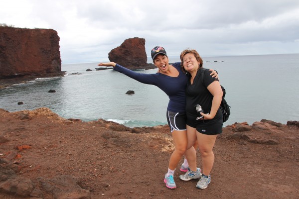Friends and fellow travel lovers Olena Heu and Melissa Chang at Puʻu Pehe (Sweetheart Rock) on Lānaʻi.