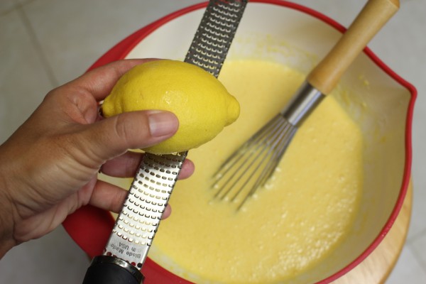 Add flour, then the zest and juice of one lemon. I love this microplane. Makes zesting so easy!