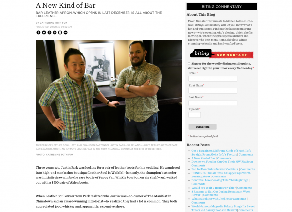 One of my most recent blog posts, a story about a new bar opening in Downtown Honolulu.